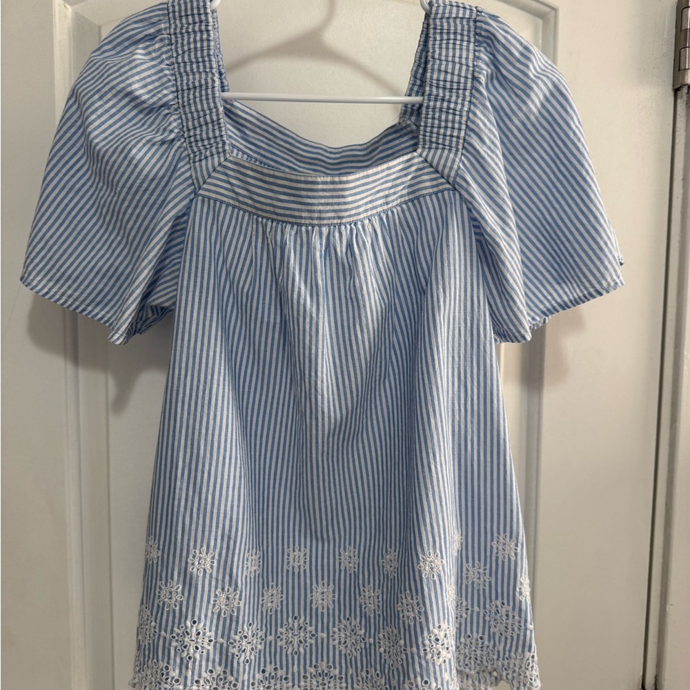 LOFT Blue and White Striped Blouse with Embroidery